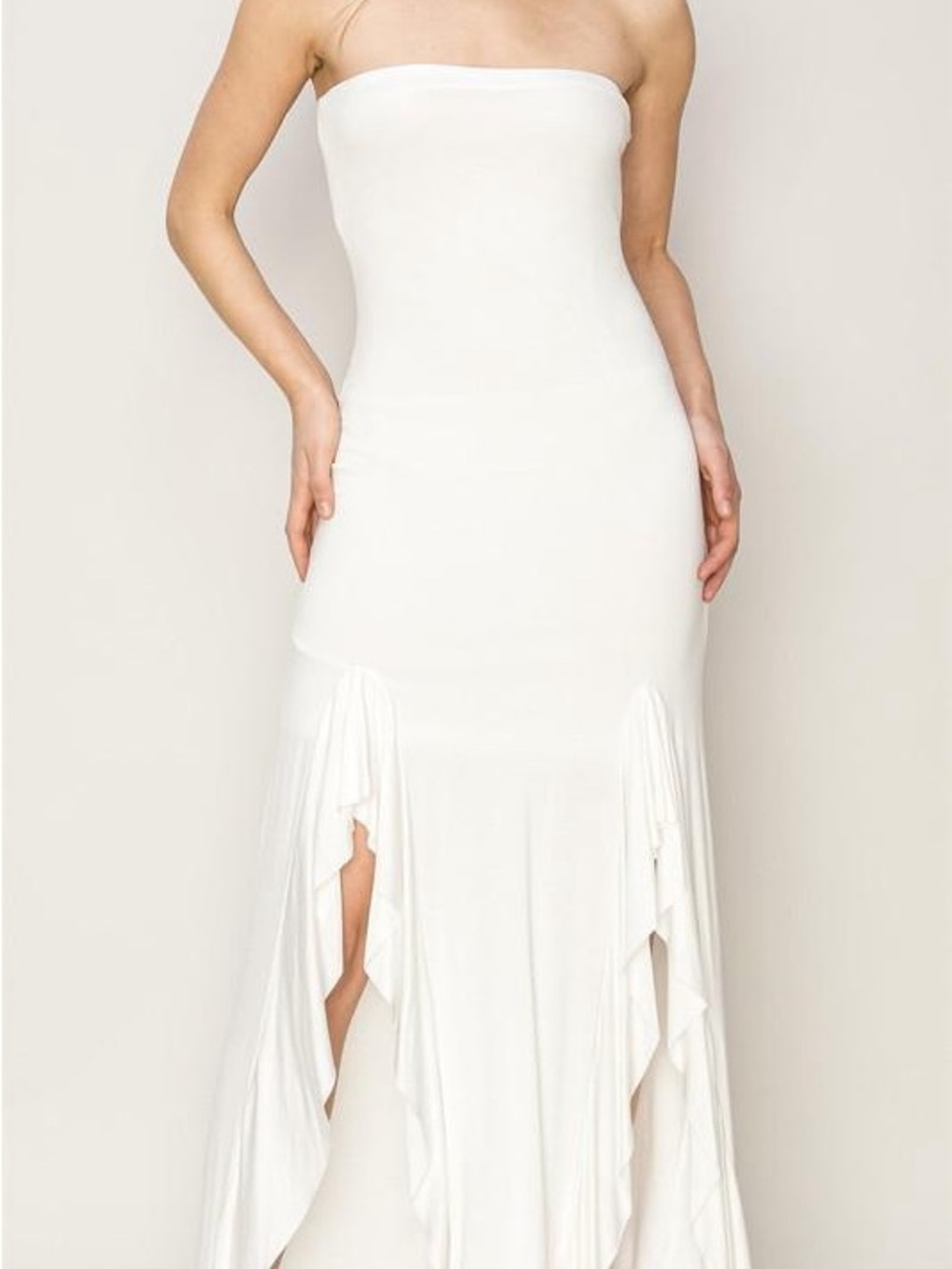 NWOT HYFVE Strapless White Maxi Dress with Ruffle Slits